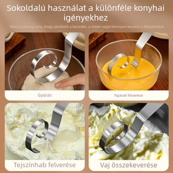 Kézi tésztakeverő rozsdamentes acélból, dagasztó kampóval és tojásfelverővel, otthoni használatra