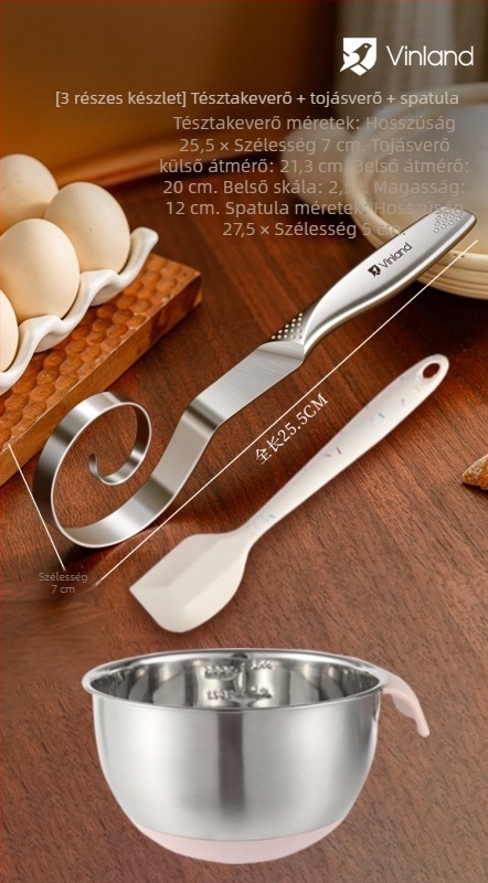 Kézi tésztakeverő rozsdamentes acélból, dagasztó kampóval és tojásfelverővel, otthoni használatra