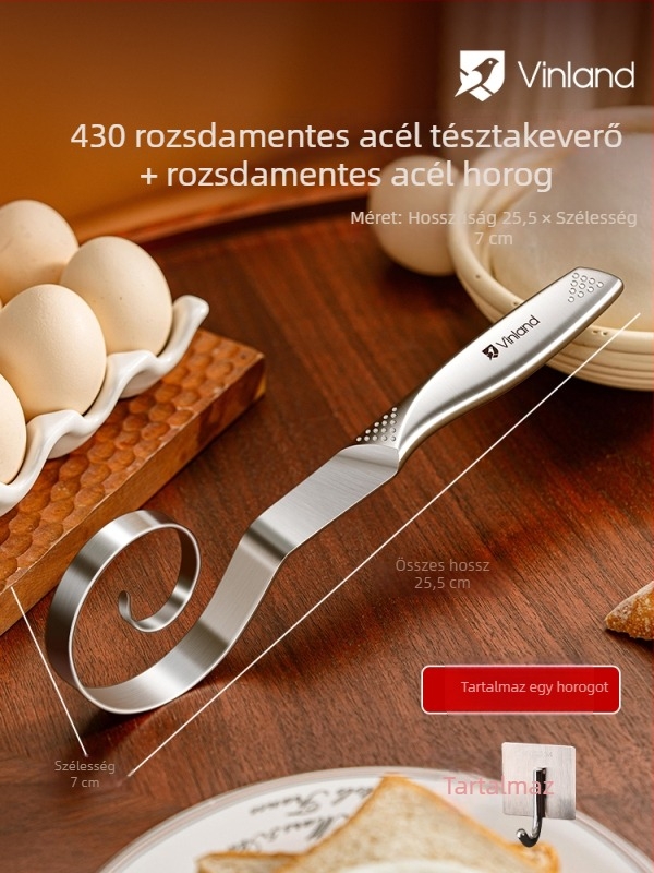 Kézi tésztakeverő rozsdamentes acélból, dagasztó kampóval és tojásfelverővel, otthoni használatra