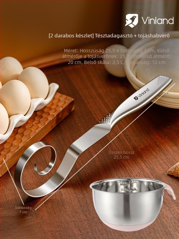 Kézi tésztakeverő rozsdamentes acélból, dagasztó kampóval és tojásfelverővel, otthoni használatra