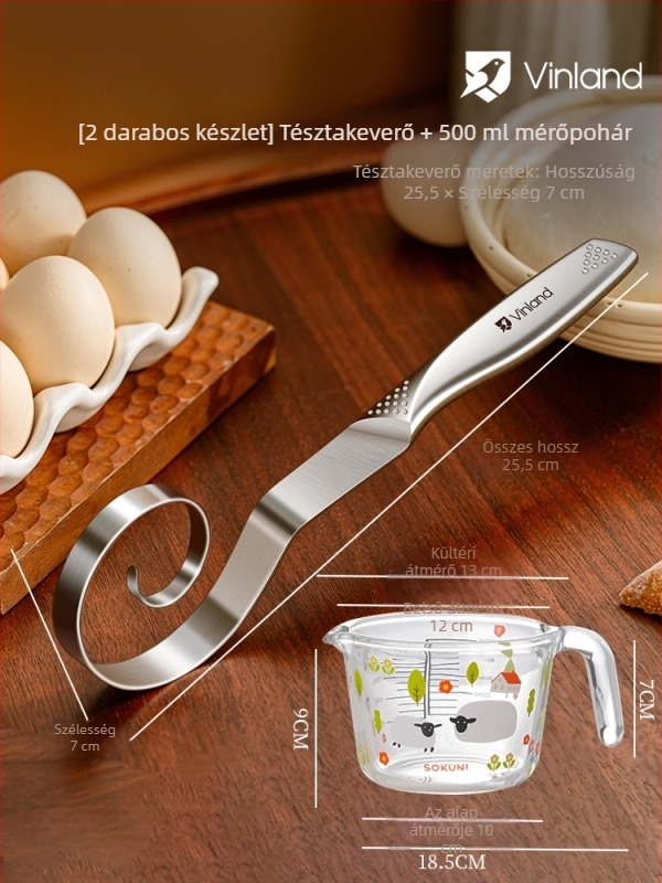 Kézi tésztakeverő rozsdamentes acélból, dagasztó kampóval és tojásfelverővel, otthoni használatra