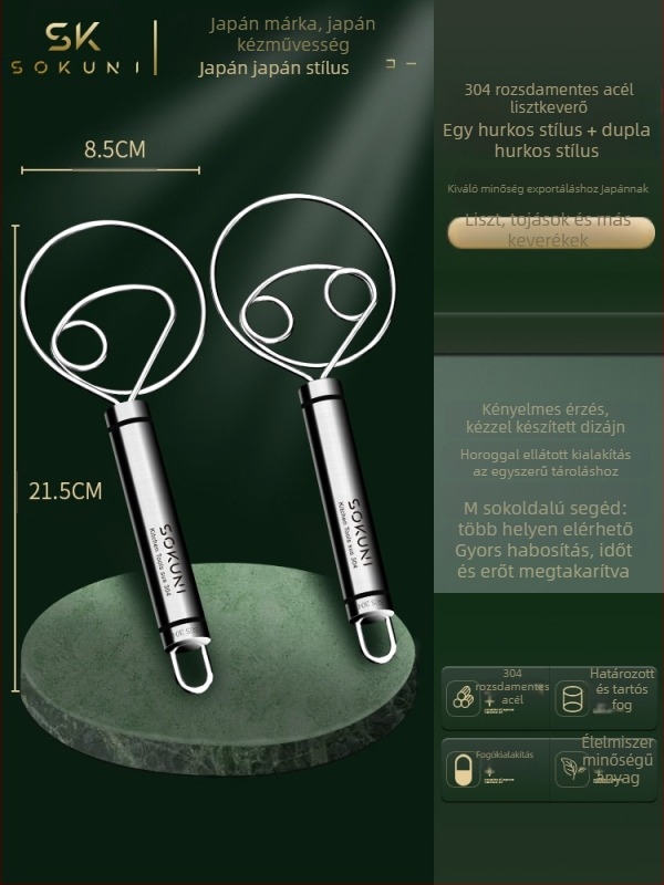 Kézi tésztakeverő rozsdamentes acélból, dagasztó kampóval és tojásfelverővel, otthoni használatra