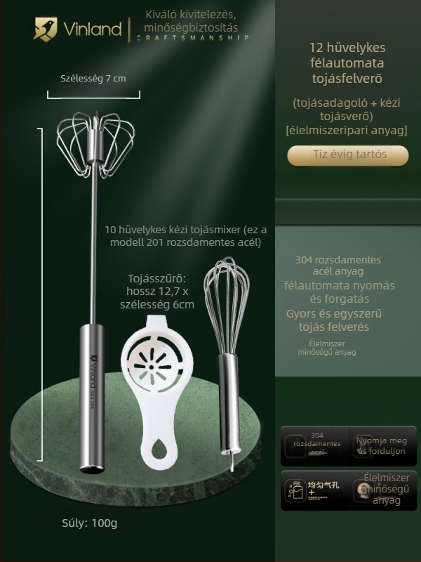 Kézi tésztakeverő rozsdamentes acélból, dagasztó kampóval és tojásfelverővel, otthoni használatra