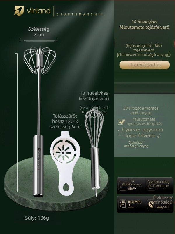 Kézi tésztakeverő rozsdamentes acélból, dagasztó kampóval és tojásfelverővel, otthoni használatra