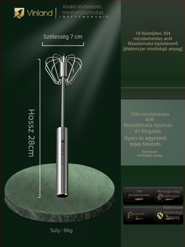 Kézi tésztakeverő rozsdamentes acélból, dagasztó kampóval és tojásfelverővel, otthoni használatra