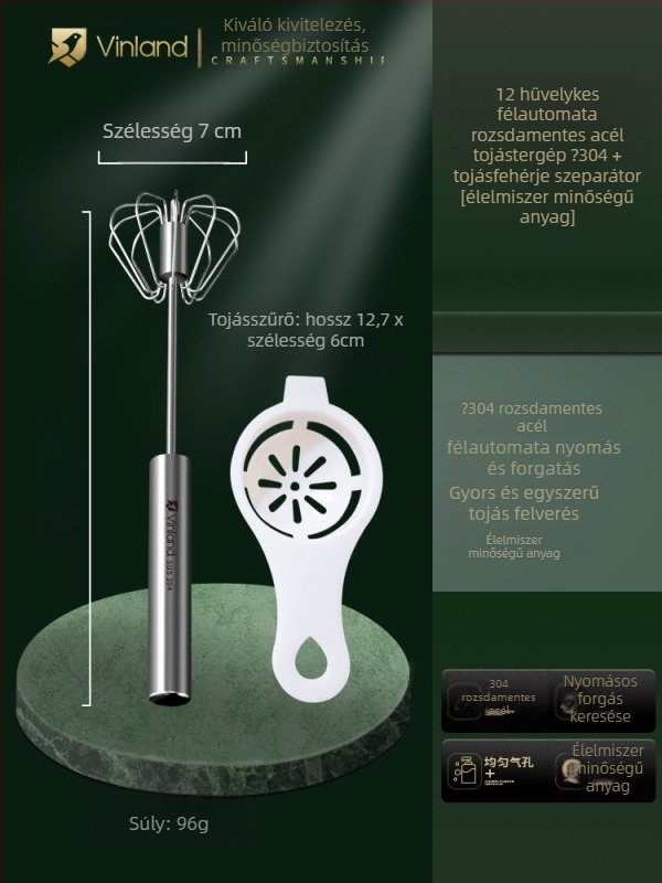 Kézi tésztakeverő rozsdamentes acélból, dagasztó kampóval és tojásfelverővel, otthoni használatra