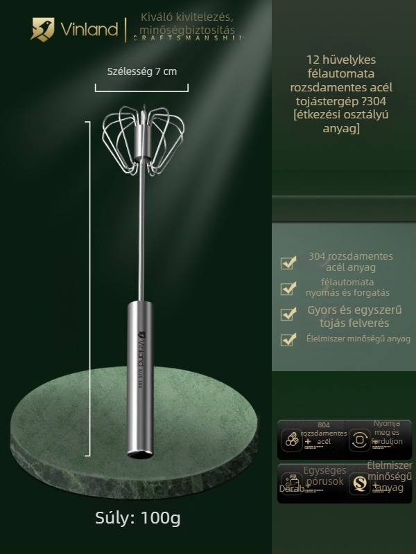 Kézi tésztakeverő rozsdamentes acélból, dagasztó kampóval és tojásfelverővel, otthoni használatra