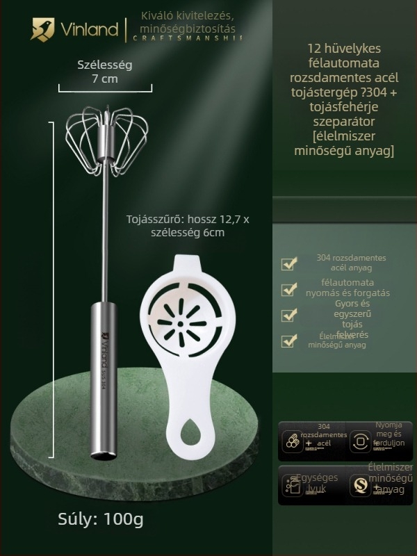 Kézi tésztakeverő rozsdamentes acélból, dagasztó kampóval és tojásfelverővel, otthoni használatra