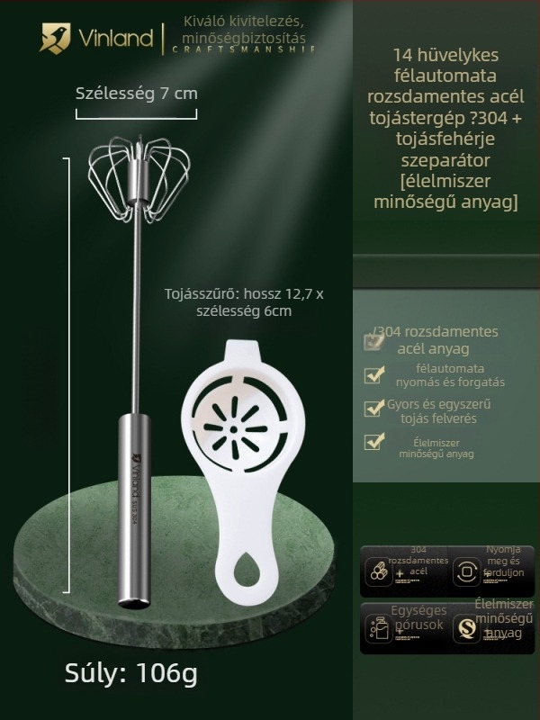 Kézi tésztakeverő rozsdamentes acélból, dagasztó kampóval és tojásfelverővel, otthoni használatra