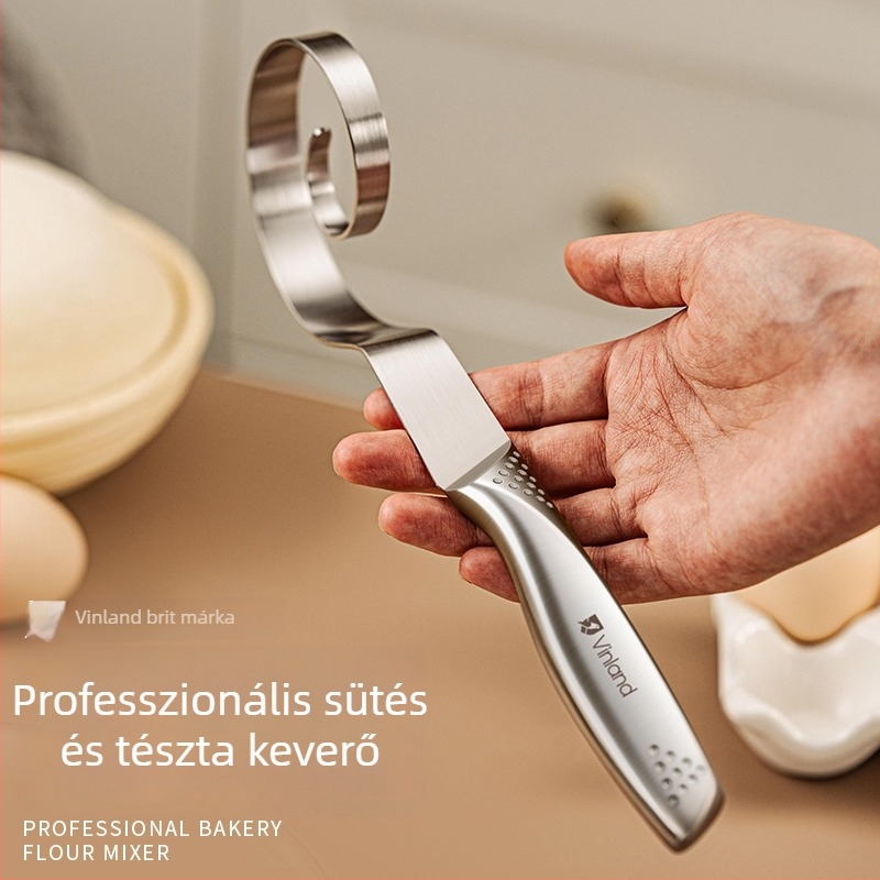 Kézi tésztakeverő rozsdamentes acélból, dagasztó kampóval és tojásfelverővel, otthoni használatra