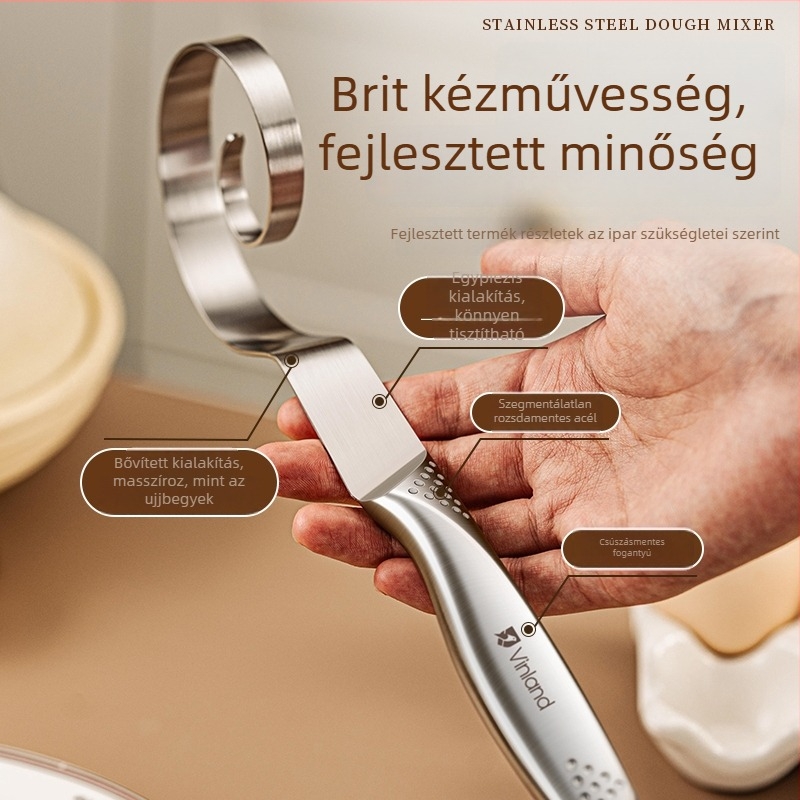 Kézi tésztakeverő rozsdamentes acélból, dagasztó kampóval és tojásfelverővel, otthoni használatra