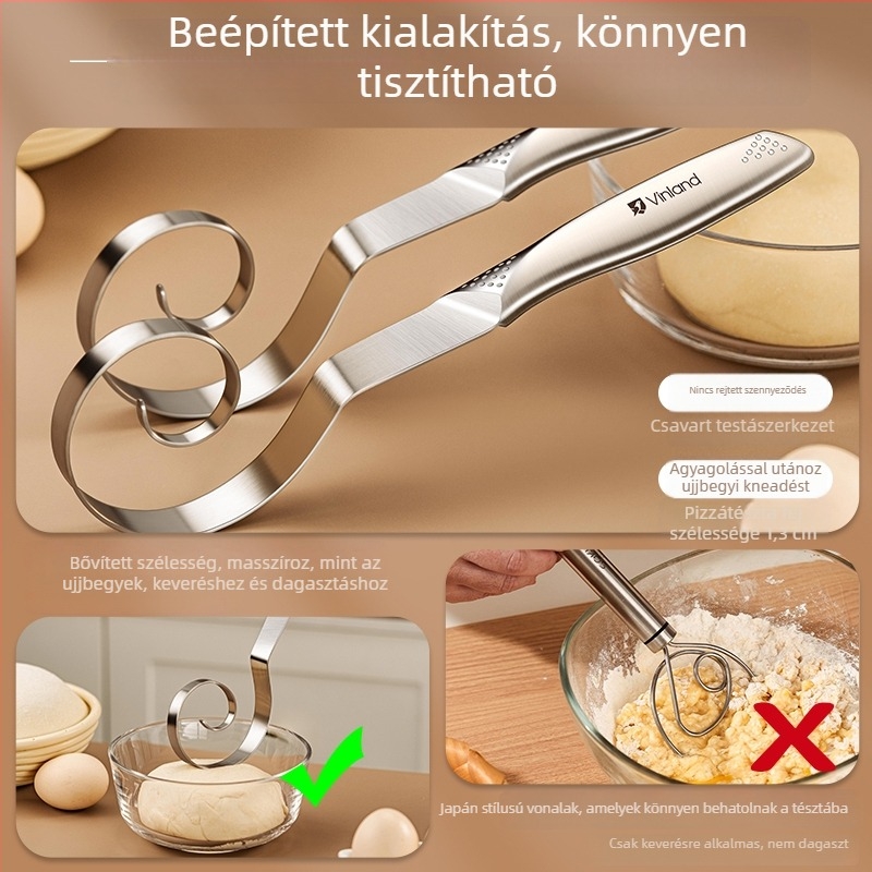 Kézi tésztakeverő rozsdamentes acélból, dagasztó kampóval és tojásfelverővel, otthoni használatra