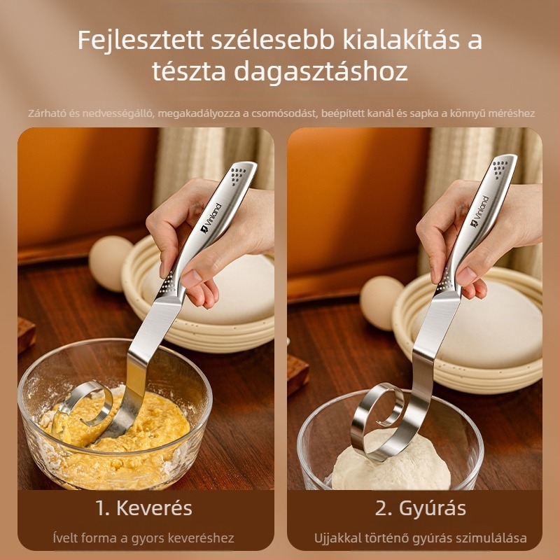 Kézi tésztakeverő rozsdamentes acélból, dagasztó kampóval és tojásfelverővel, otthoni használatra