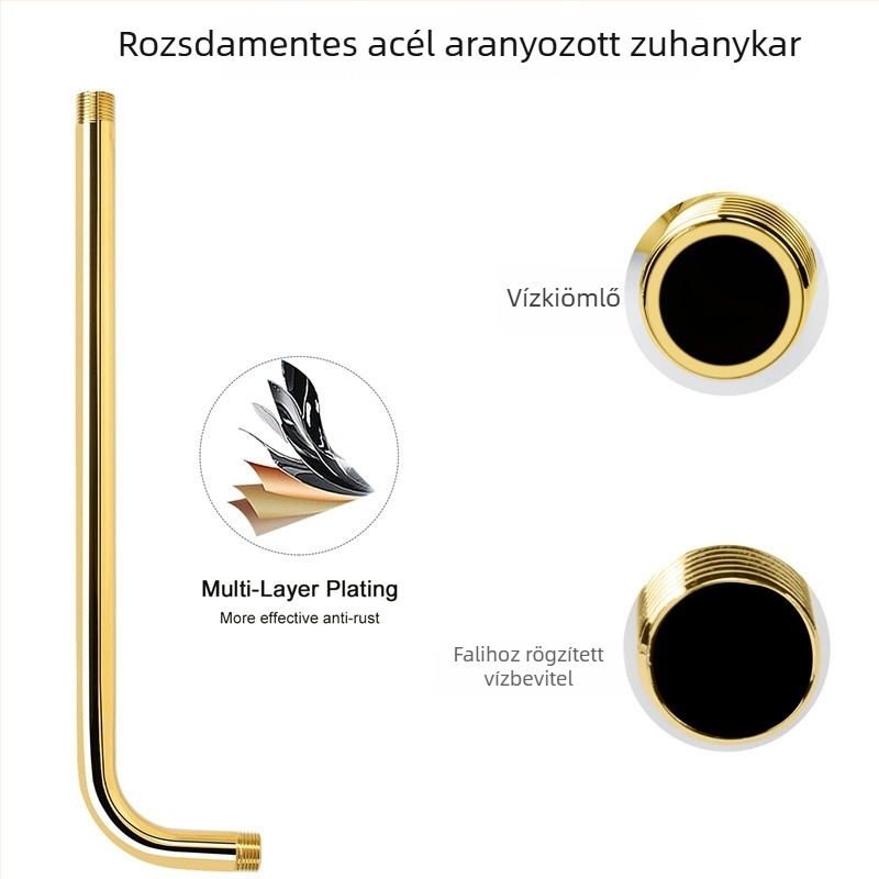Beépített falba szerelt zuhany-kar – arany felület, anyag: 201 acél, 4-pontos menet, luxus stílus