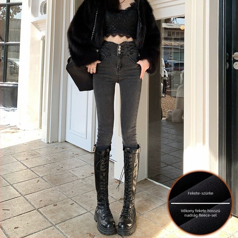 Magas derekú farmernadrág fleece-sel bélelve, rugalmas denim, ceruza szabású, hétköznapi stílus, 2024 ősz