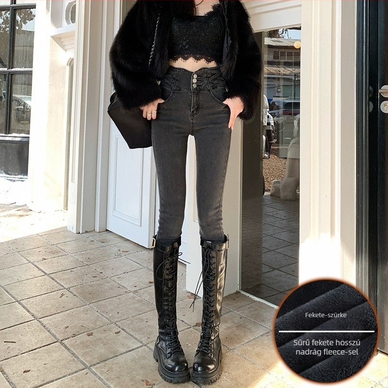 Magas derekú farmernadrág fleece-sel bélelve, rugalmas denim, ceruza szabású, hétköznapi stílus, 2024 ősz