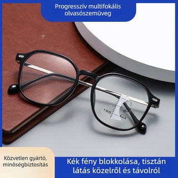 Kékfény elleni olvasó szemüveg, progresszív, multifokális, kerek keret, középkorú olvasóknak