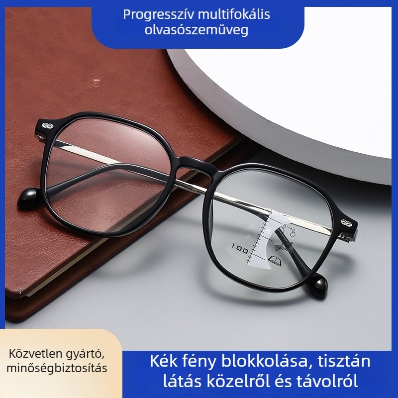 Kékfény elleni olvasó szemüveg, progresszív, multifokális, kerek keret, középkorú olvasóknak