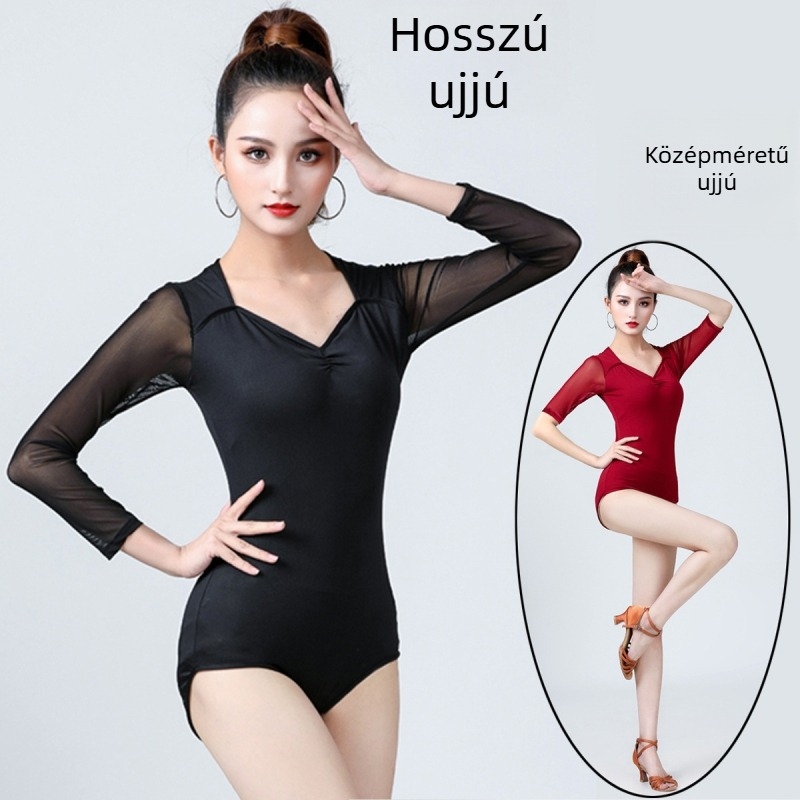 Női latin tánc body hosszú háló ujjas, négy évszakos – modern táncruha, anyag: poliészter 90%