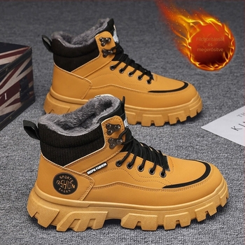 Martin bakancs férfiaknak: téli, magas szárú vízálló PU bőr munkacipő vastag talppal és műszőrmés bélés