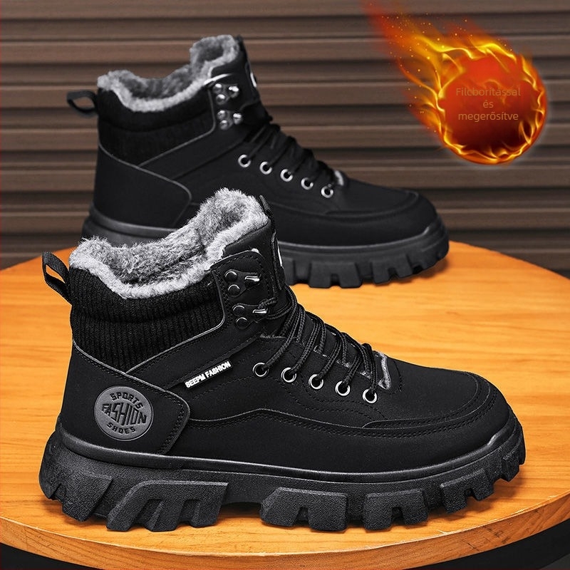 Martin bakancs férfiaknak: téli, magas szárú vízálló PU bőr munkacipő vastag talppal és műszőrmés bélés