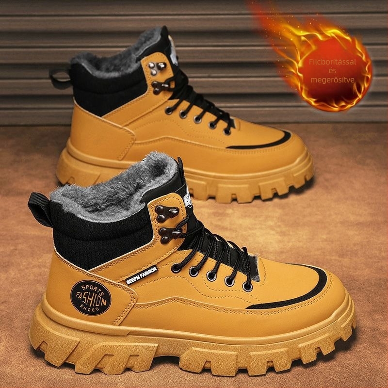 Martin bakancs férfiaknak: téli, magas szárú vízálló PU bőr munkacipő vastag talppal és műszőrmés bélés