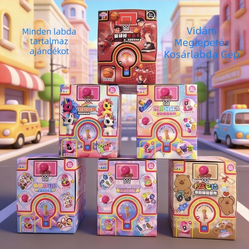 Rejtett dobozos kosaras kapszula játék karikatúra figurákkal, ujjal játszható játék és kosárdobó gép