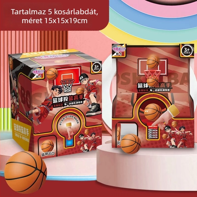 Rejtett dobozos kosaras kapszula játék karikatúra figurákkal, ujjal játszható játék és kosárdobó gép