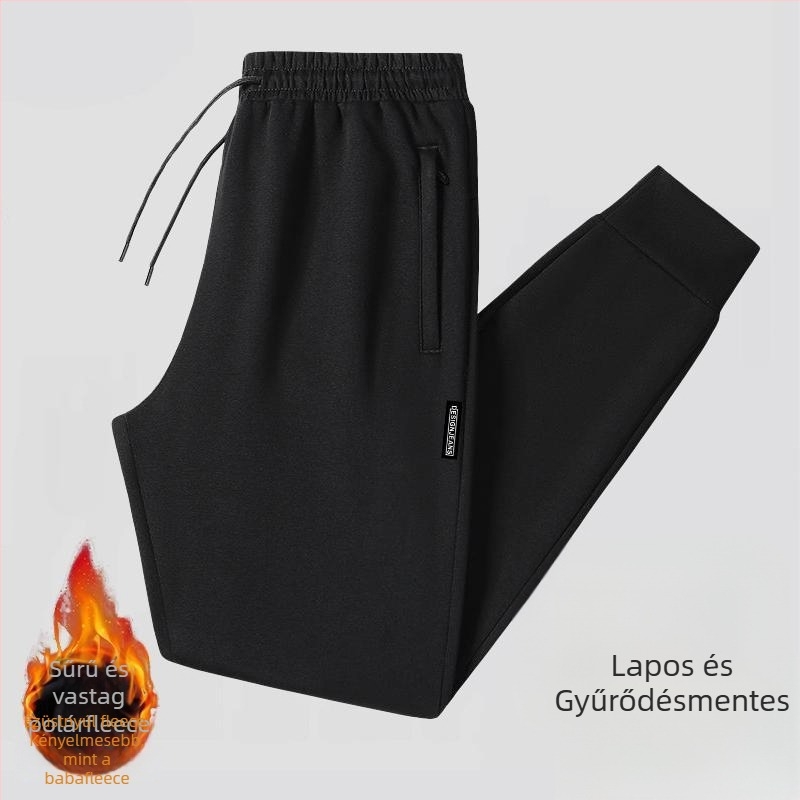 Férfi polár béléses, kényelmes egyenes szárú nadrág, középmagas derék övvel, őszi viselet, poliészter keverék