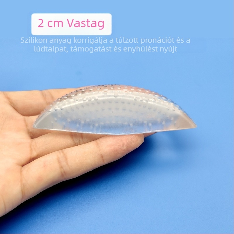 Megvastagodott, átlátszó szilikon ívtámasz lapos lábra, ívtámasz, ütéscsillapítás, fájdalomcsillapítás, félméretű talpbetét