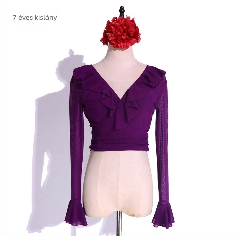 Flamenco felső trombitás ujjakkal, water gauze anyagból, szintetikus rostok keveréke spandexszel 30% alatt, belly dance-hez