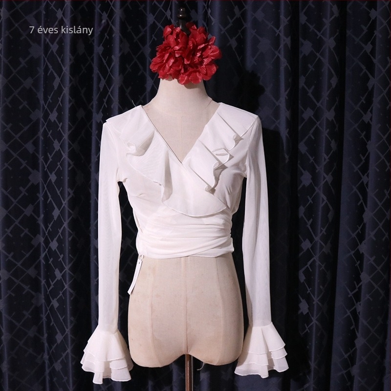 Flamenco felső trombitás ujjakkal, water gauze anyagból, szintetikus rostok keveréke spandexszel 30% alatt, belly dance-hez