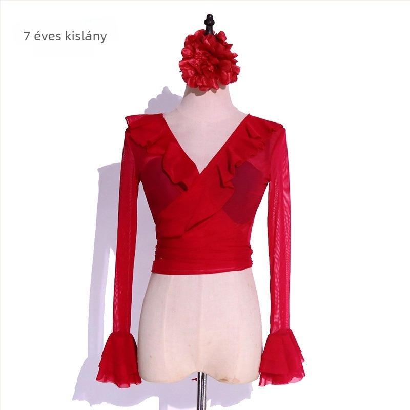 Flamenco felső trombitás ujjakkal, water gauze anyagból, szintetikus rostok keveréke spandexszel 30% alatt, belly dance-hez