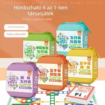 Yulefang által gyártott 6-in-1 hordozható társasjáték készlet gyerekeknek: Flying Chess, Gomoku, Jungle Chess, Checkers, Chinese Chess; műanyag bábu, táska tartozékkal, interaktív rejtvényjáték