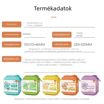 Yulefang által gyártott 6-in-1 hordozható társasjáték készlet gyerekeknek: Flying Chess, Gomoku, Jungle Chess, Checkers, Chinese Chess; műanyag bábu, táska tartozékkal, interaktív rejtvényjáték
