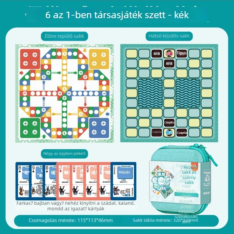 Yulefang által gyártott 6-in-1 hordozható társasjáték készlet gyerekeknek: Flying Chess, Gomoku, Jungle Chess, Checkers, Chinese Chess; műanyag bábu, táska tartozékkal, interaktív rejtvényjáték