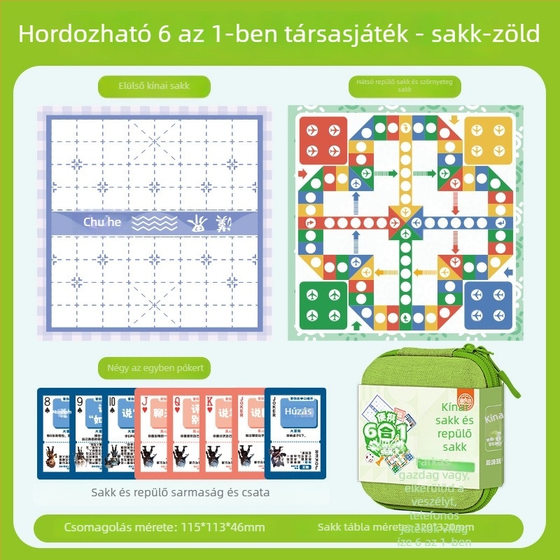 Yulefang által gyártott 6-in-1 hordozható társasjáték készlet gyerekeknek: Flying Chess, Gomoku, Jungle Chess, Checkers, Chinese Chess; műanyag bábu, táska tartozékkal, interaktív rejtvényjáték