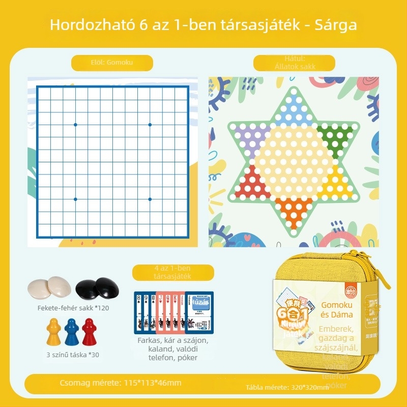 Yulefang által gyártott 6-in-1 hordozható társasjáték készlet gyerekeknek: Flying Chess, Gomoku, Jungle Chess, Checkers, Chinese Chess; műanyag bábu, táska tartozékkal, interaktív rejtvényjáték
