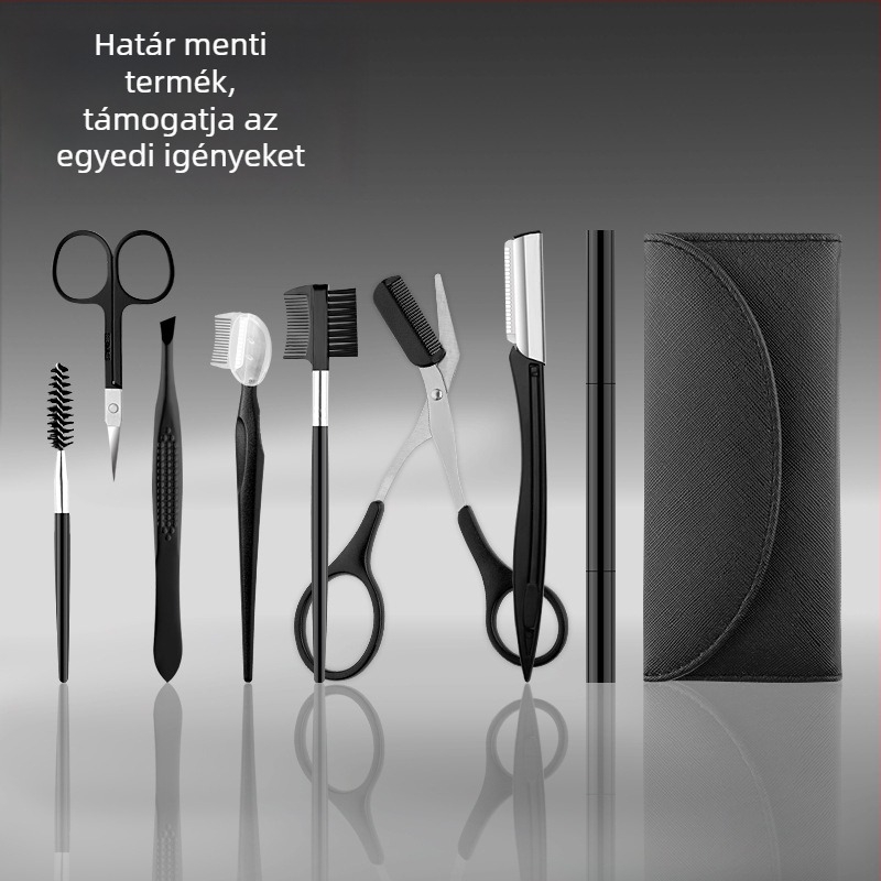 Szemöldök-gondozó készlet, 8 részes, összecsukható, kezdőknek: szemöldökvágó kés, szemöldökolló, csipesz