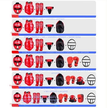 Sanda védőfelszerelés készlet, 4–6 darabos; edzésekhez harci és boksz; védőrészek: tenyér, fej, könyök, térd, boka; PU magas rugalmasságú hab.