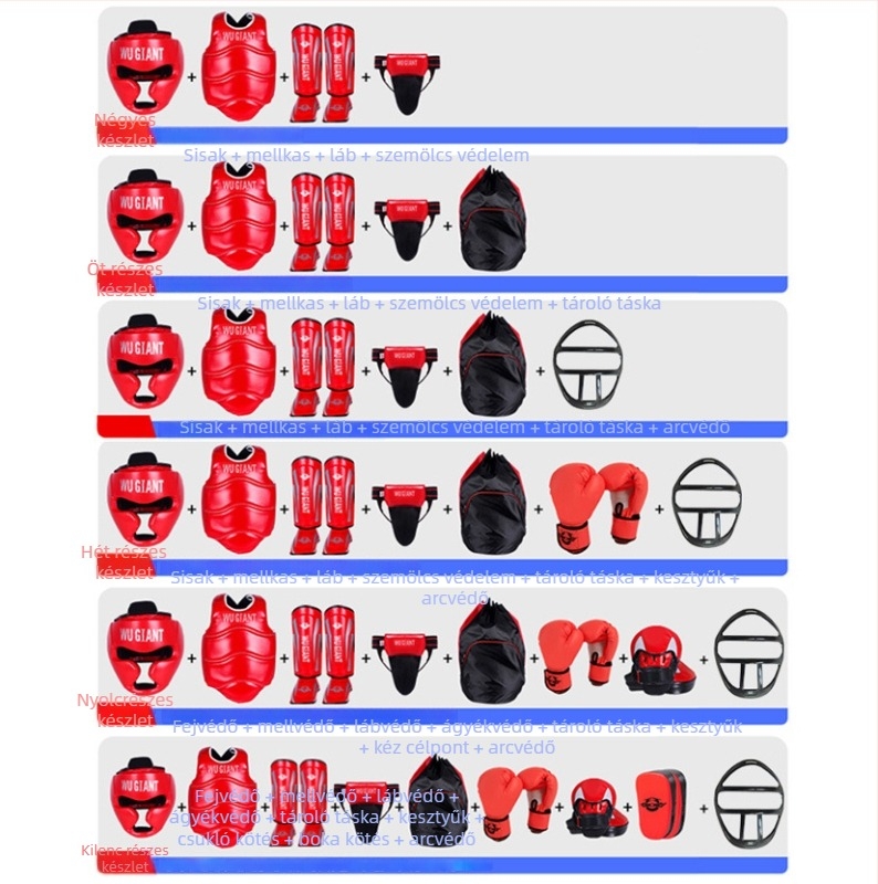 Sanda védőfelszerelés készlet, 4–6 darabos; edzésekhez harci és boksz; védőrészek: tenyér, fej, könyök, térd, boka; PU magas rugalmasságú hab.