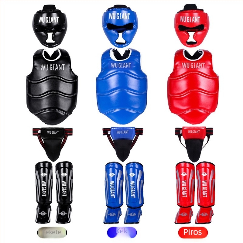 Sanda védőfelszerelés készlet, 4–6 darabos; edzésekhez harci és boksz; védőrészek: tenyér, fej, könyök, térd, boka; PU magas rugalmasságú hab.