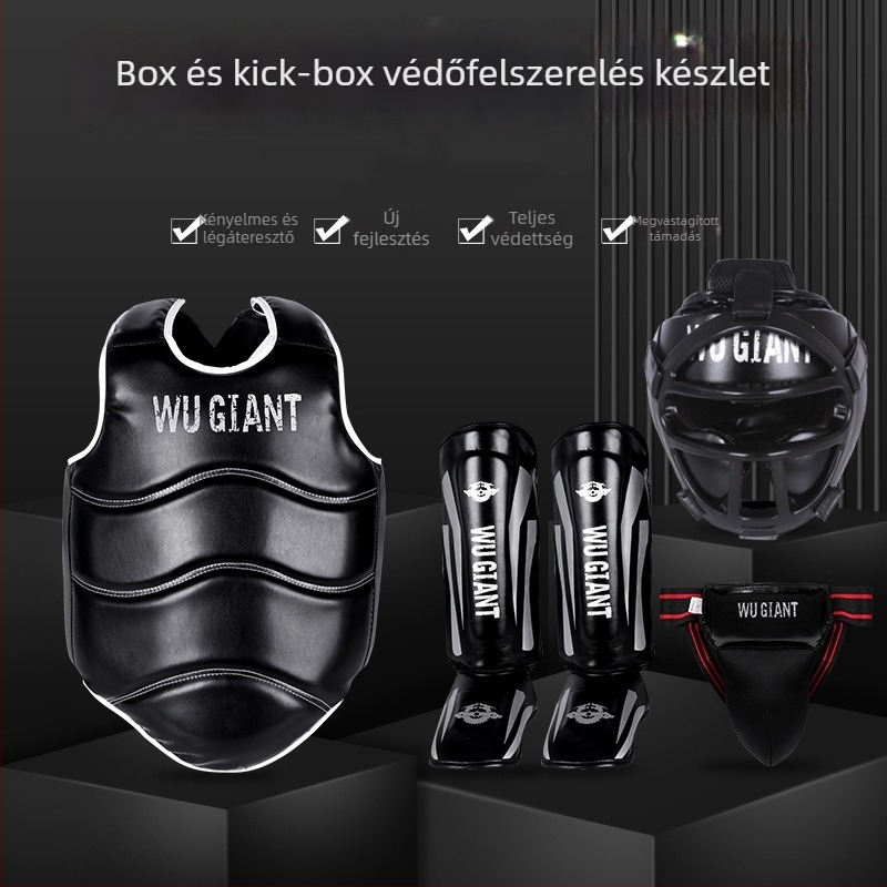 Sanda védőfelszerelés készlet, 4–6 darabos; edzésekhez harci és boksz; védőrészek: tenyér, fej, könyök, térd, boka; PU magas rugalmasságú hab.