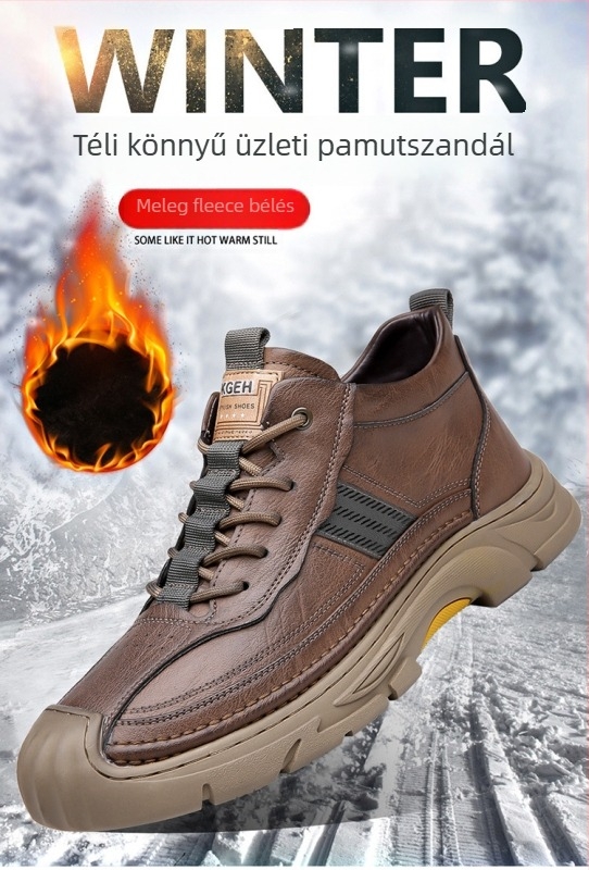 Férfi bőrből készült szőrrel bélelt csizma gumírozott talppal, elasztikus záródás, középmagas szár, alacsony sáncú sarok (1–3 cm)