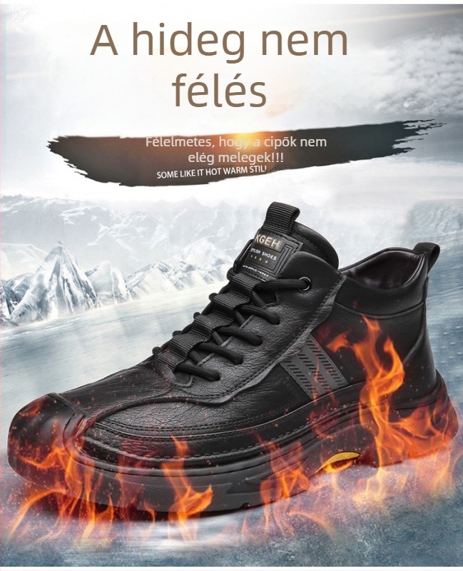 Férfi bőrből készült szőrrel bélelt csizma gumírozott talppal, elasztikus záródás, középmagas szár, alacsony sáncú sarok (1–3 cm)