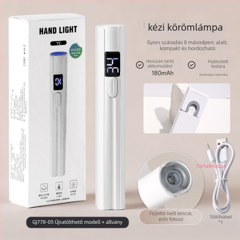 Kézben tartható körömlámpa, hordozható újratölthető UV/LED fototerápiás lámpa körmökhez, műanyag test, 25,6 g