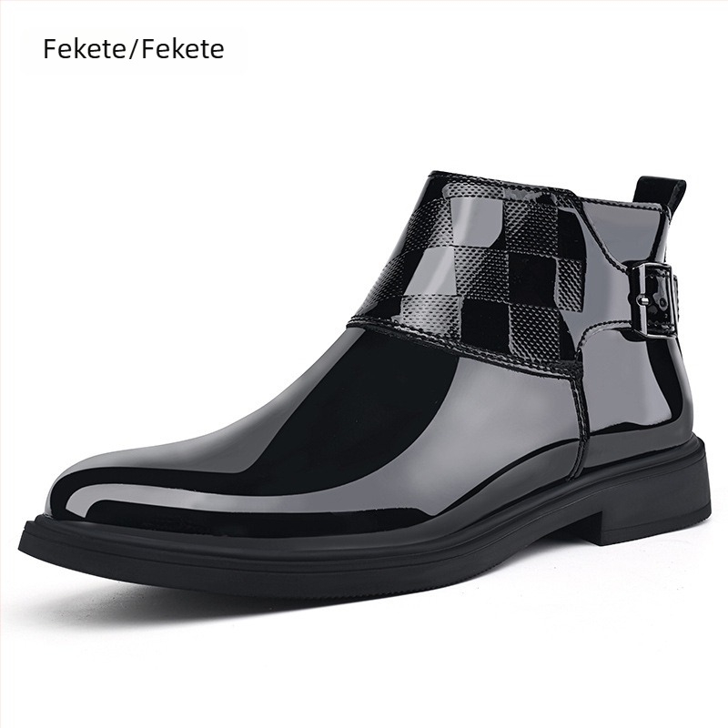 Férfi bőrből készült csizmák hegyes orral, oldalsó cipzárral, gumitalppal, bőr béléssel, téli viselet