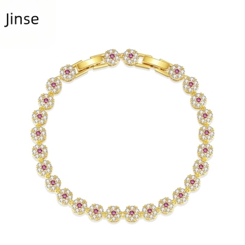 Női karkötő virágmotívummal, mikrobeült cirkóniákkal, teniszlánccal, dupla csattal