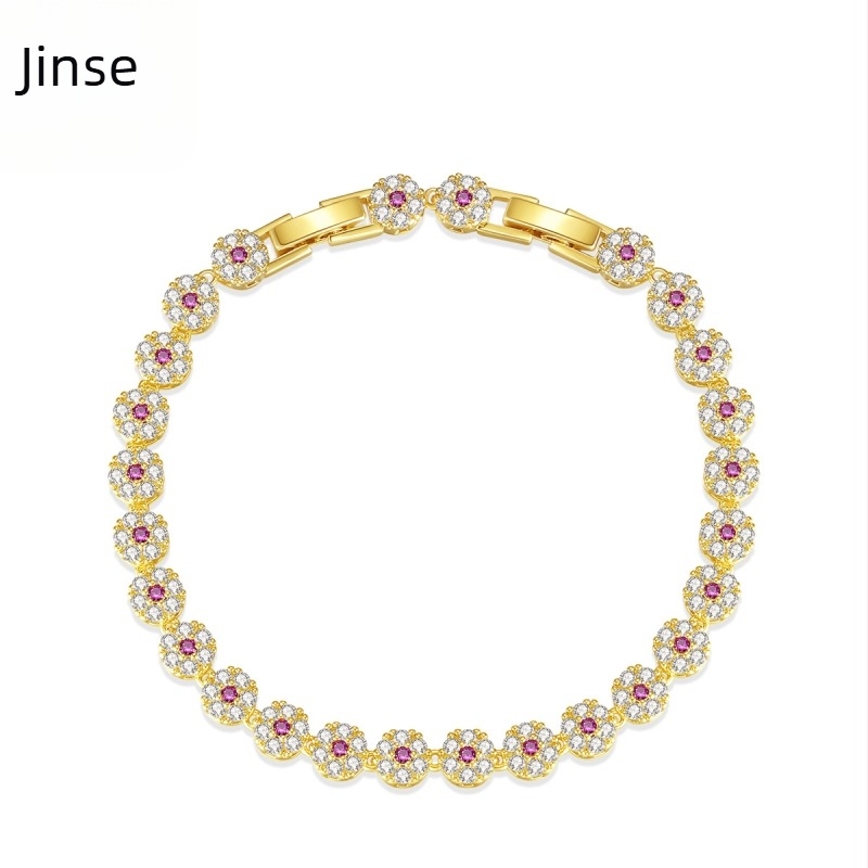 Női karkötő virágmotívummal, mikrobeült cirkóniákkal, teniszlánccal, dupla csattal