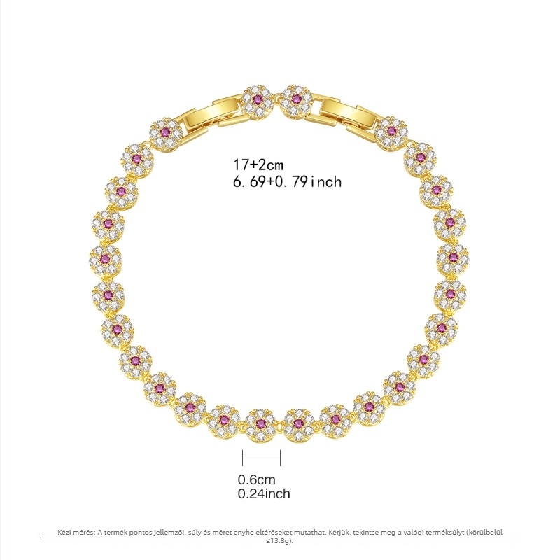 Női karkötő virágmotívummal, mikrobeült cirkóniákkal, teniszlánccal, dupla csattal